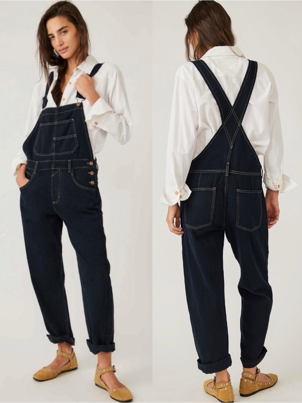Free People Ziggy Denim Overalls in Blue Black Midnight Dark Wash Size Large